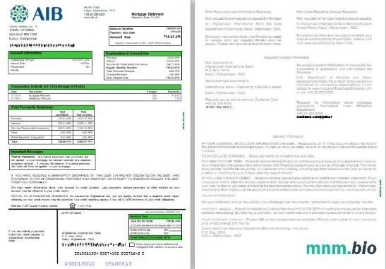 Afganistan Bank Międzynarodowy (AIB) wyciąg z kredytu hipotecznego, 3 strony 1-2